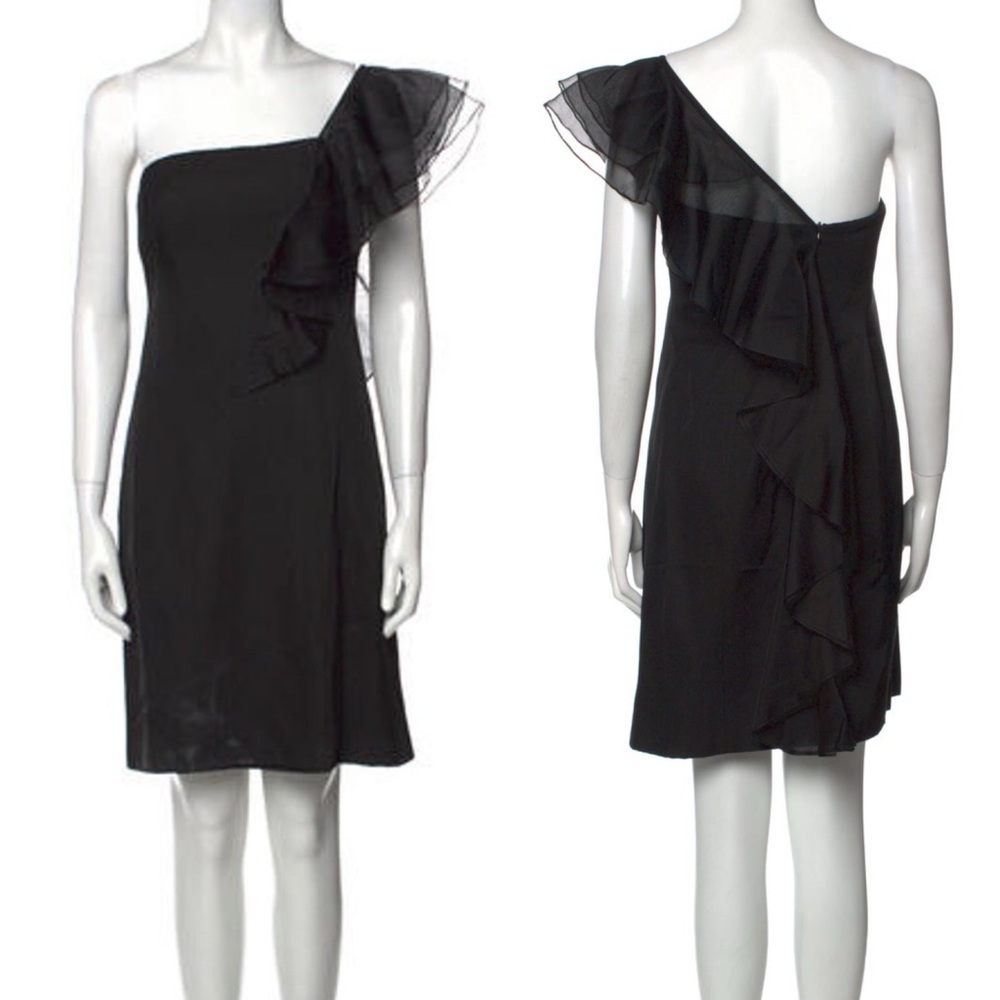 NWOT Angel Sanchez black cocktail mini dress with ruffle over the shoulder